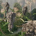 Breathtaking Natural Landscape Of Towering Karst Peaks With Flying Pterosaurs And Lush Green Forests