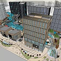 Modern Commercial Complex With Glass Facades Water Features Open Plaza And Pedestrian Walkways