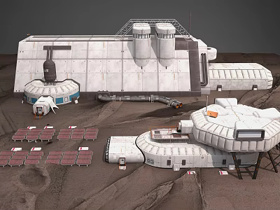 Futuristic Sci Fi Base With Dome Structures Cylindrical Towers And Sandy Terrain Facilities 3d model
