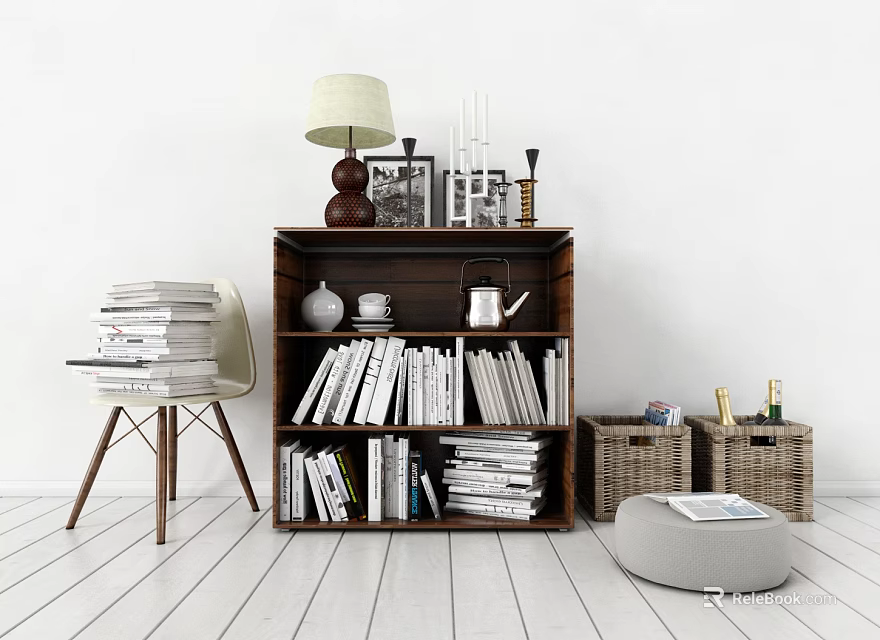Wooden Bookcase In Home Interior Filled With Books Stacked Books Chair And Wicker Baskets 3d model 