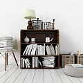 Wooden Bookcase In Home Interior Filled With Books Stacked Books Chair And Wicker Baskets