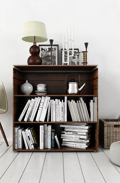 Wooden Bookcase In Home Interior Filled With Books Stacked Books Chair And Wicker Baskets 3d model