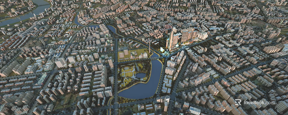 Aerial Urban Planning Showing City Layout River Green Spaces Road Networks And Building Clusters 3d model 