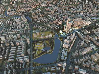 Aerial Urban Planning Showing City Layout River Green Spaces Road Networks And Building Clusters 3d model