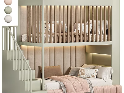 Kids Loft Bed With Staircase Light Green Upholstered Headboard Soft Bedding 3d model