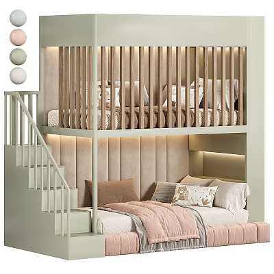 Kids Loft Bed With Staircase Light Green Upholstered Headboard Soft Bedding 3d model