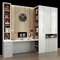 Modern Bookshelf Storage With Desk Table Lamp Wall Clock And Decorative Items In Study 3d model