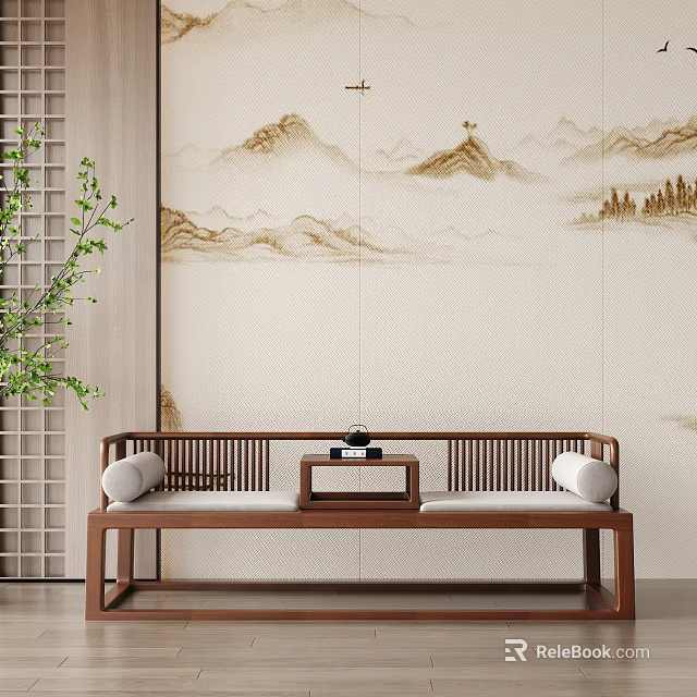 Chinese Traditional Arhat Daybed With Wooden Frame Small Tea Table And Mountain Landscape Backdrop 3d model 