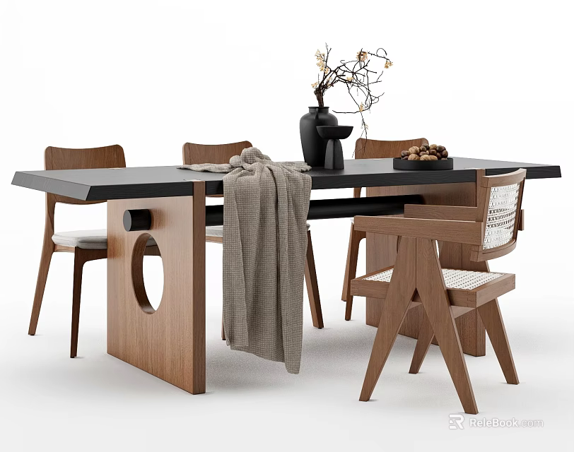 Wooden Dining Table Set Black Tabletop Woven Chairs With Decorative Vase Twigs And Gray Throw 3d model 