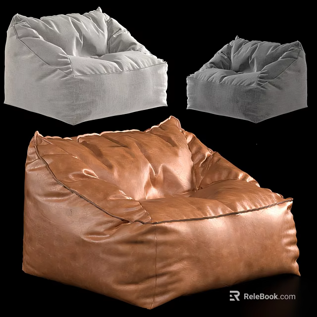 Comfortable Brown And Gray Leather Bean Bag Chair For Living Room Lounge 3d model 