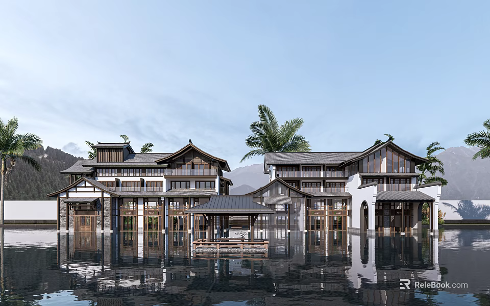 Rural Self Built House Traditional Style With Water Reflections And Palm Trees 3d model 