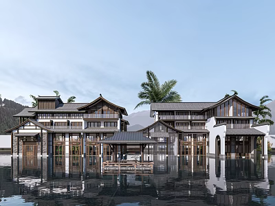 Rural Self Built House Traditional Style With Water Reflections And Palm Trees 3d model