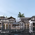 Rural Self Built House Traditional Style With Water Reflections And Palm Trees