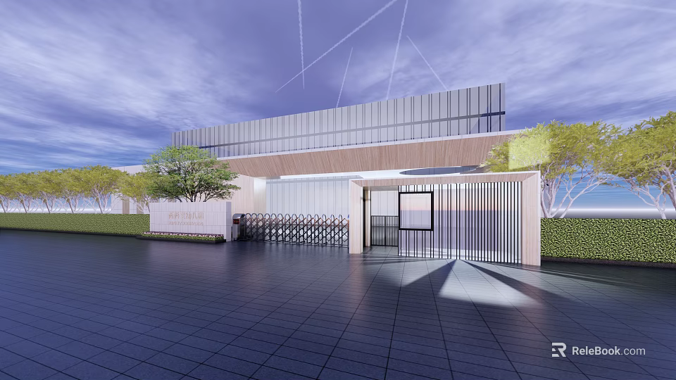 Modern Entrance Gate With Metal Grille Glass Panel And Wooden Accent For Contemporary Building 3d model 