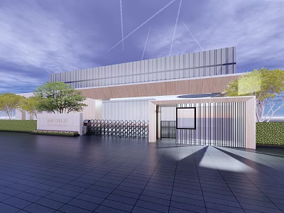 Modern Entrance Gate With Metal Grille Glass Panel And Wooden Accent For Contemporary Building 3d model