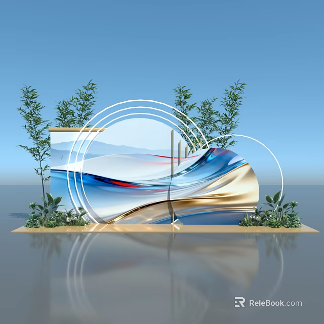 Modern Check in Photo Spot With Curved White Rings Abstract Wave Lines And Green Plants 3d model 