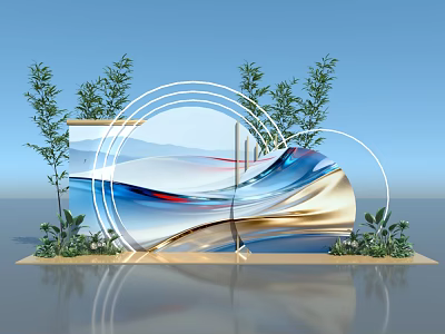 Modern Check in Photo Spot With Curved White Rings Abstract Wave Lines And Green Plants 3d model