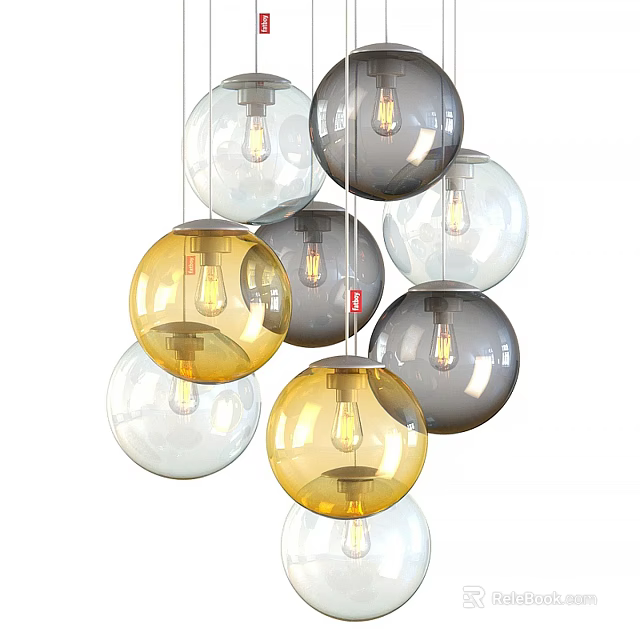 Modern Spherical Chandelier With Multiple Yellow Gray And Transparent Glass Balls 3d model 