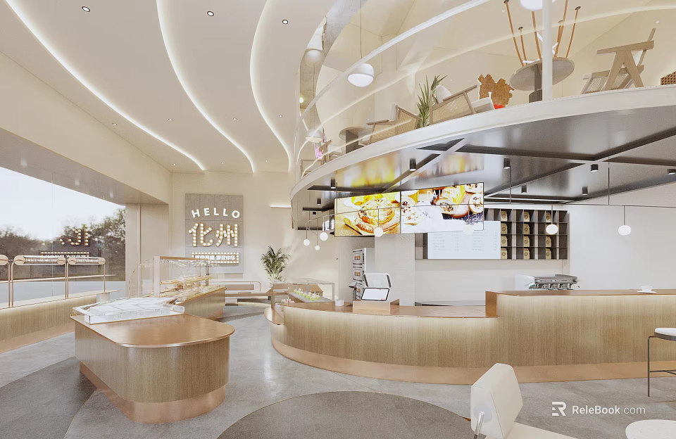 Modern Bubble Tea Shop Interior Design With Stylish Counter And Cozy Seating 3d model 