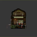 Pirate Themed Building with Wooden Structure Skull Signboard Waterfront Dock Platform Lights and Pirate Figures