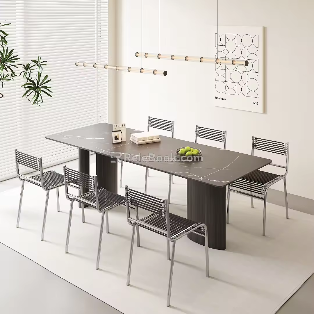 Modern Simple Dining Table and Chair Combination Long Dining Table Marble Dining Table and Chair Combination Simple Dining Chair Simple Chandelier 3d model