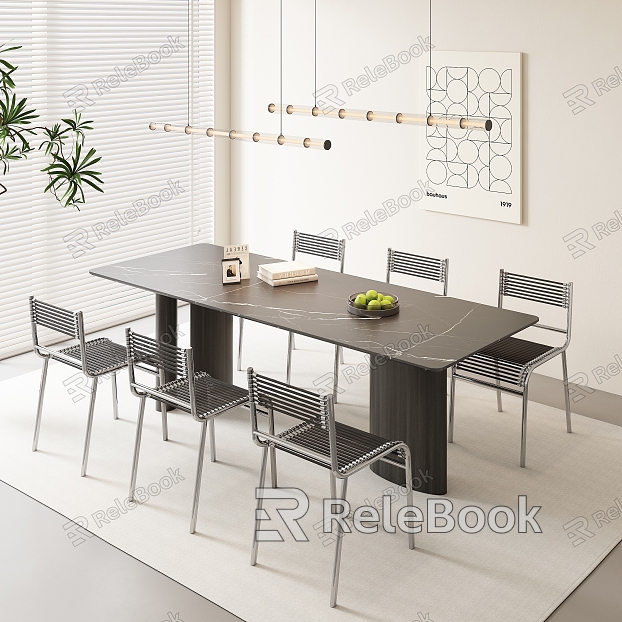 Modern Simple Dining Table and Chair Combination Long Dining Table Marble Dining Table and Chair Combination Simple Dining Chair Simple Chandelier model