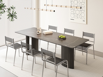 Modern Simple Dining Table and Chair Combination Long Dining Table Marble Dining Table and Chair Combination Simple Dining Chair Simple Chandelier model