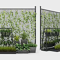Garden Decor with Grid Fence Covered in Green Vines and Metal Plant Racks