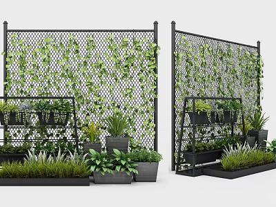 Garden Decor with Grid Fence Covered in Green Vines and Metal Plant Racks 3d model