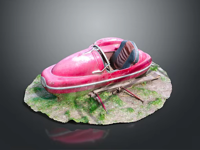 Small Red Open Top Boat Model With Seats On Grass Dirt Base 3d model