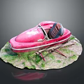 Small Red Open Top Boat Model With Seats On Grass Dirt Base