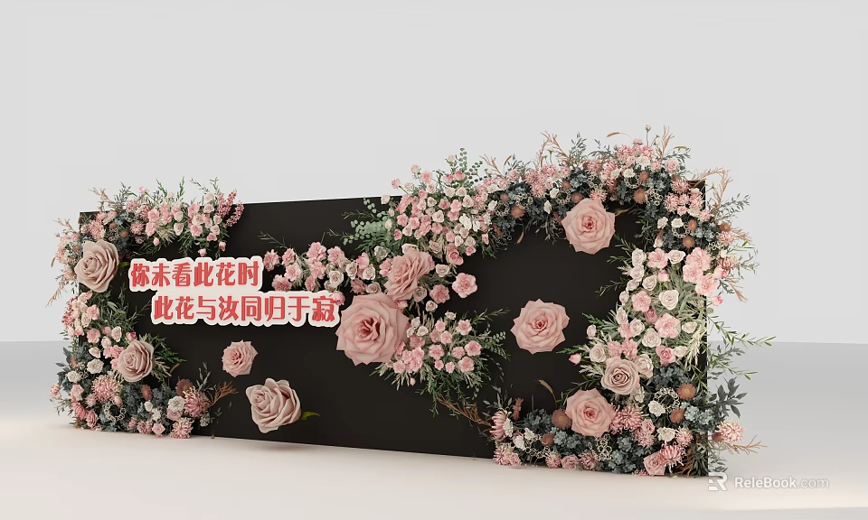 Floral Event Backdrop With Pink Roses White Flowers And Green Leaves On Black Background 3d model 