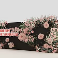 Floral Event Backdrop With Pink Roses White Flowers And Green Leaves On Black Background