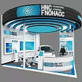 Modern Exhibition Booth With Curved Design Blue Circular Rings HNC FNOHACC Branding And Display Screens