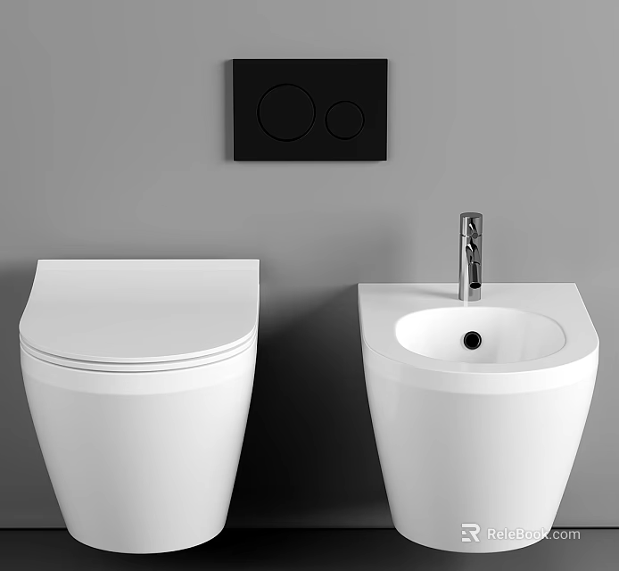 Sleek Modern White Toilet Design with Bidet and Wall Mounted Black Control Panel 3d model 