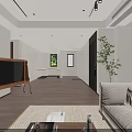 Modern Living and Dining Room Interior With Sofa Bookshelf And Floor to Ceiling Windows