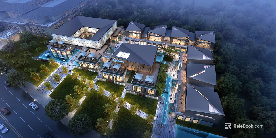 Modern Commercial Street With Contemporary Architecture Night Lighting Pedestrian Walkways And Greenery 3d model 