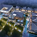 Modern Commercial Street With Contemporary Architecture Night Lighting Pedestrian Walkways And Greenery