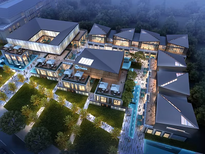 Modern Commercial Street With Contemporary Architecture Night Lighting Pedestrian Walkways And Greenery 3d model