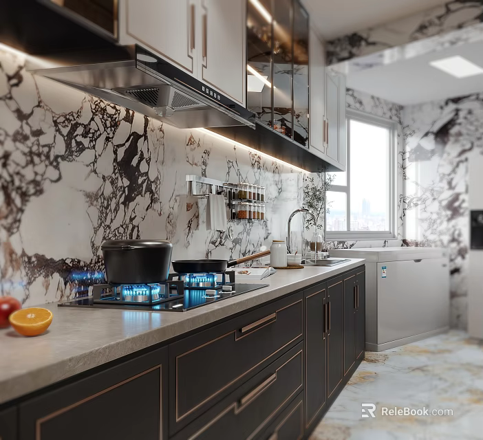 Elegant Modern Kitchen Interior With Marble Wall Gas Stove Orange Fruits Cabinets Window And Dishwasher 3d model 