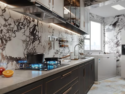 Elegant Modern Kitchen Interior With Marble Wall Gas Stove Orange Fruits Cabinets Window And Dishwasher 3d model