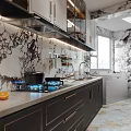 Elegant Modern Kitchen Interior With Marble Wall Gas Stove Orange Fruits Cabinets Window And Dishwasher