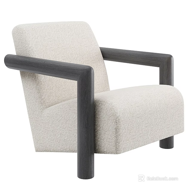 Modern Beige Single Sofa With Square Dark Wooden Armrests And Fluffy Fabric Design 3d model 