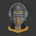 Futuristic Sci Fi Character Helmet With Mechanical Side Gears Orange Yellow Accents And Metallic Texture