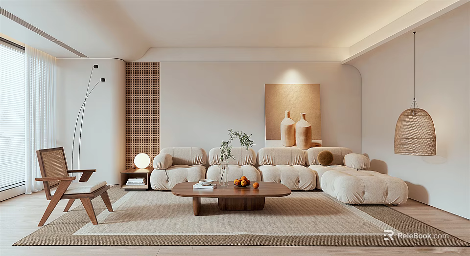 Modern Living Room With Beige Sofa Wooden Coffee Table Floor Lamp Lattice Wall Art And Vases 3d model 