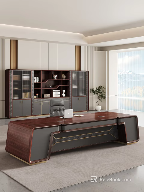 Luxury Modern Executive Office With Large Solid Wood Desk And Matching Full Size Storage Cabinets 3d model 