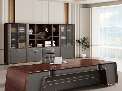 Luxury Modern Executive Office With Large Solid Wood Desk And Matching Full Size Storage Cabinets 3d model