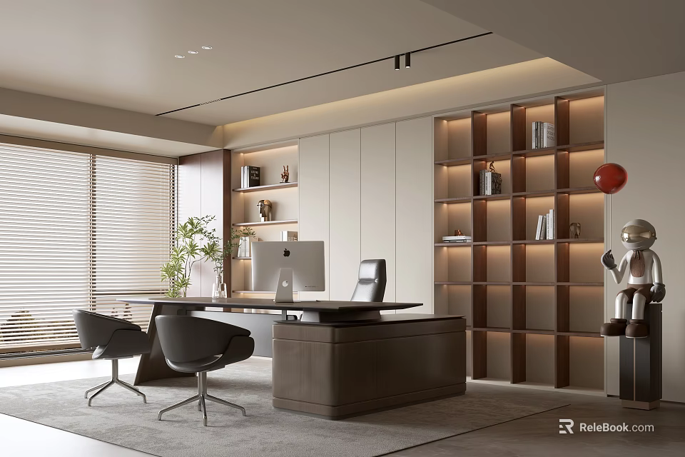 Modern Elegant Office Interior With Large Desk Computer Bookshelf Decorations Green Plants And Window Blinds 3d model 