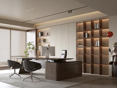 Modern Elegant Office Interior With Large Desk Computer Bookshelf Decorations Green Plants And Window Blinds 3d model