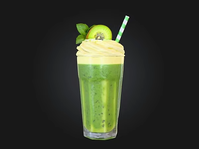 Refreshing Green Kiwi Smoothie With Creamy Top Fresh Mint Leaf And Striped Straw 3d model